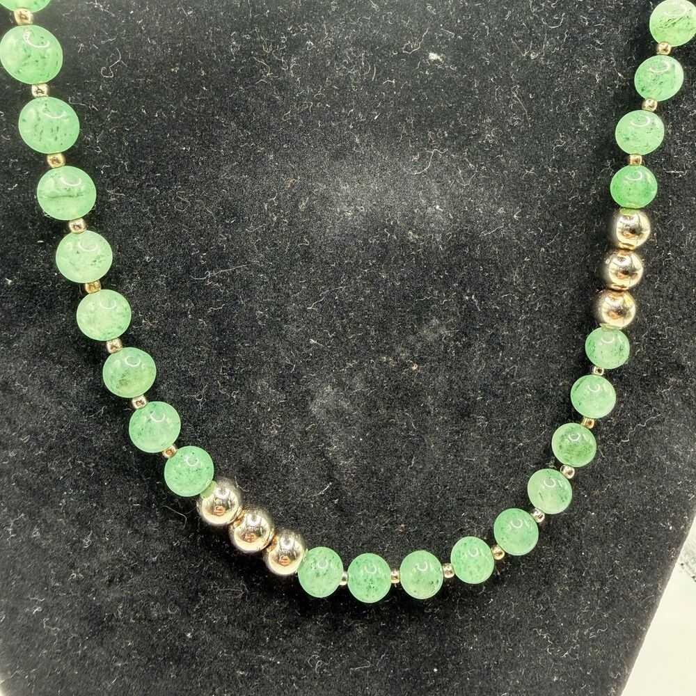 Vintage Flower Jade Beaded Necklace 26 Inch Green Gemstone Statement Necklace